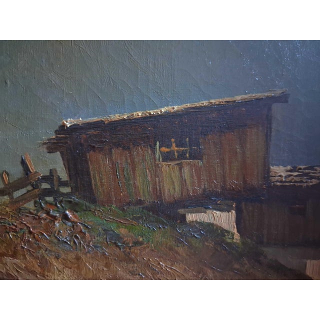 Gustav Weiss Swiss Alpine Village Misty Mountain Peaks Oil Painting For Sale - Image 4 of 8