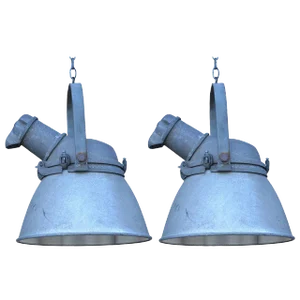 Large Cast Iron, Aluminum and Glass Industrial Hanging Lights - a Pair