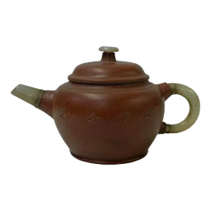 Chinese Zisha Clay Brown Jade Stone Handle Teapot Display Art
