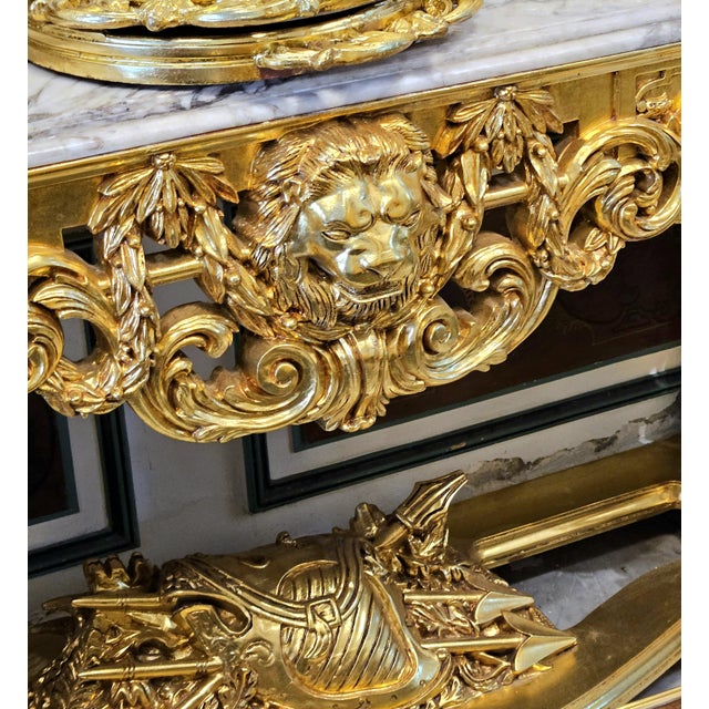 Grand French-Style Console Table – Marble Top With Ornate Gold Leaf & Gilded Bronze Details For Sale - Image 4 of 7