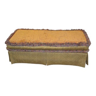 1960s Mid Century Gold Green Quilted Look Chintz / Fringe Clyde Pearson Ottoman Footstool Down Feather For Sale