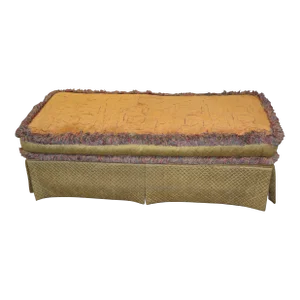 1960s Mid Century Gold Green Quilted Look Chintz / Fringe Clyde Pearson Ottoman Footstool Down Feather