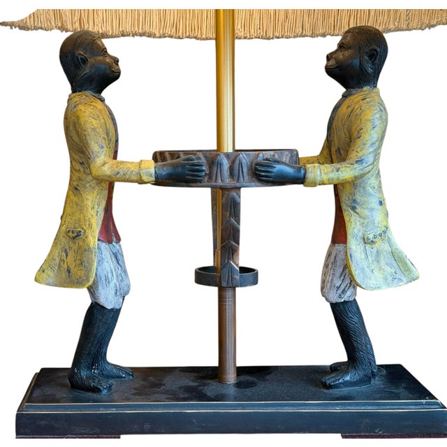 Singerie Chinoiserie Style Cold Painted Bronze 2 Monkey Lamp W Linen Shade. Shade: 15 x 15 x 9h