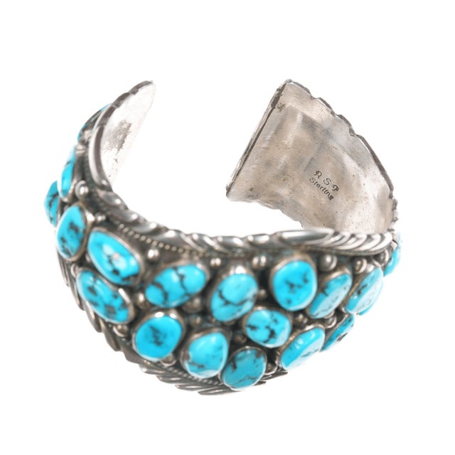Turquoise 7" 1980's A.S.P Native American sterling and turquoise nugget cuff bracelet For Sale - Image 8 of 11