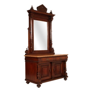 Italian Carved Walnut Dressing Cabinet with Mirror and Marble Top, 19th Century, Set of 2 For Sale