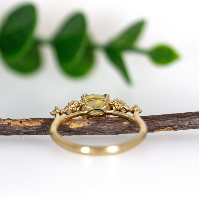 White East West Opal Ring W Earth Mined Diamonds in Solid 14k Yellow Gold | Oval 8x6mm For Sale - Image 8 of 18