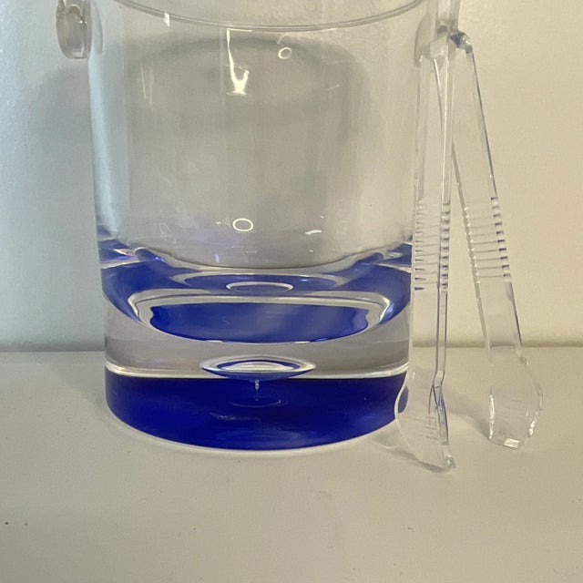 Plastic Vintage Contemporary Modern Lucite Blue Cut to Clear Ice Bucket With Tongs For Sale - Image 7 of 10