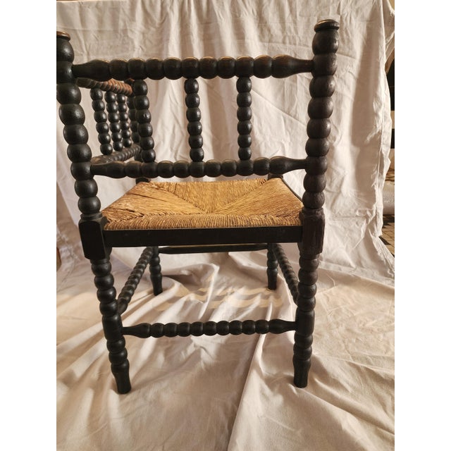 Antique Bobbin Corner Chair, Rush Seat Chair, Spanish Colonial Style, Woven Seat Armchair, Primitive Wooden Chair For Sale - Image 12 of 13