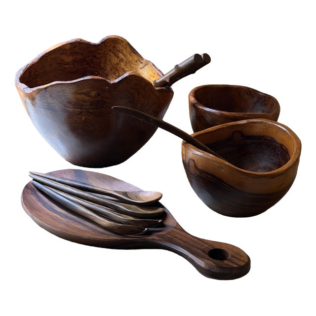 Hand-Carved Olive Wood Serveware, 1980s, Set of 16 For Sale