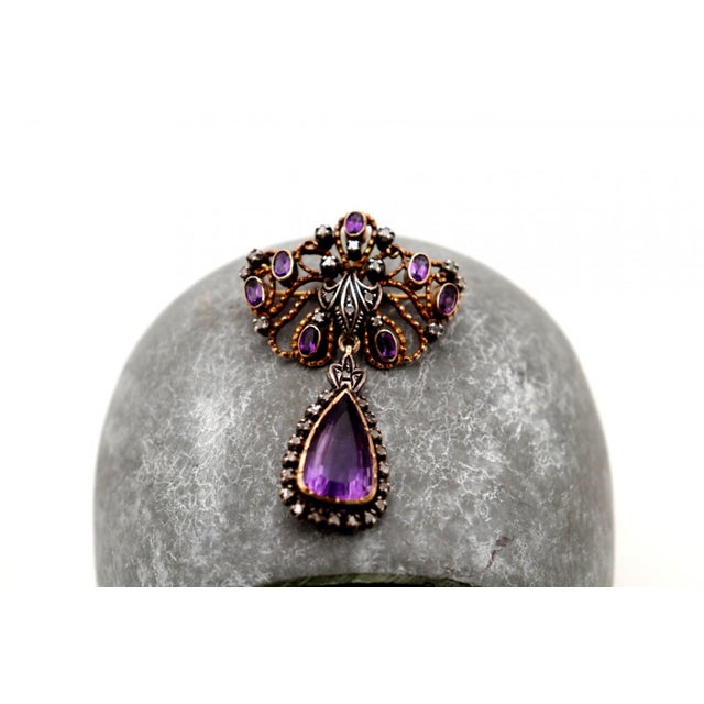 Gold and Silver Brooch with Diamond and Amethyst Chips For Sale - Image 5 of 7