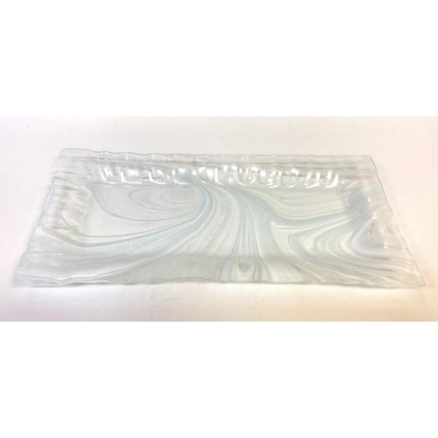 Beautiful Sydenstricker Art fused glass plate with white swirl design.