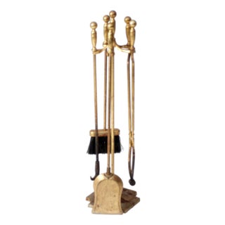 Vintage Brass Fireplace Tools Set With Stand For Sale
