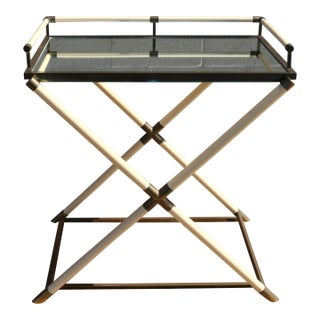 1970s Faux Ivory Lacquer & Brass Bar Tray Table With Mirrored Tray For Sale