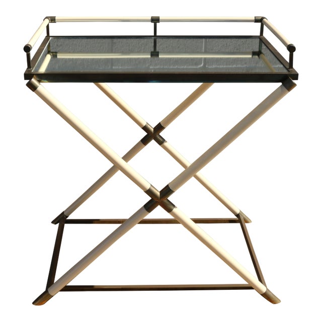 1970s Faux Ivory Lacquer & Brass Bar Tray Table With Mirrored Tray For Sale