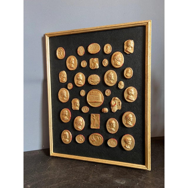 Wood Grand Tour Revival Gilded Intaglio Arrangement on the Leather Board and in Gilt Frame For Sale - Image 7 of 10
