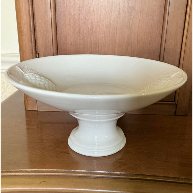 Vintage White Pedestal Bowl With Embossed Relief Pine Cones For Sale - Image 10 of 11