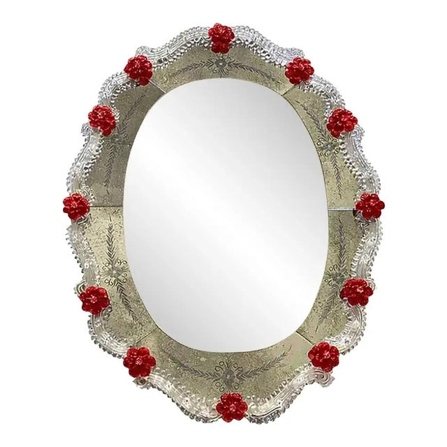 Venetian Murano Glass Oval Red Floral Wall Mirror by Simoeng For Sale - Image 8 of 8