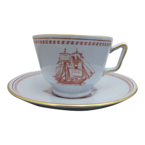 Spode Copeland Red Gold Trade Winds Ship Brig London Footed Cup & Saucer