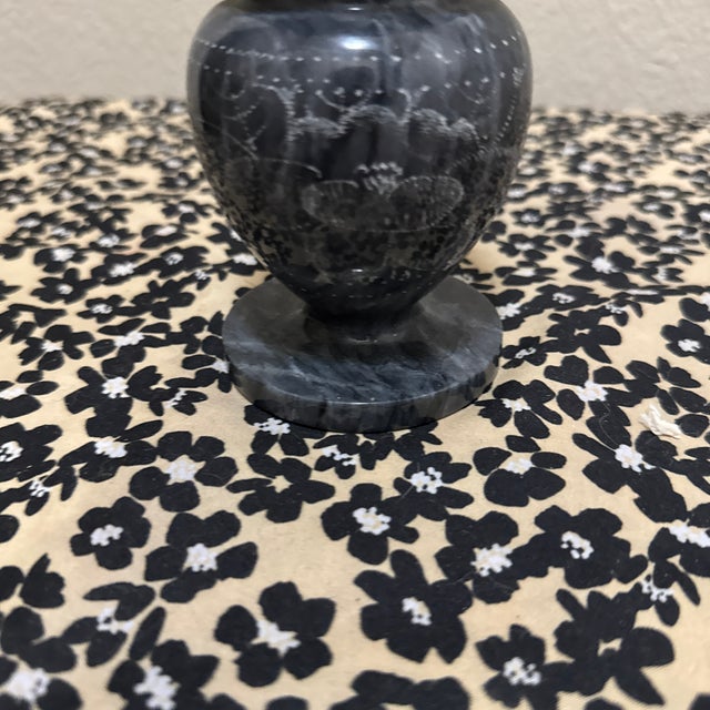 Vintage Polished Black and Gray Marble Vase With Intricate Floral Etching For Sale - Image 4 of 6