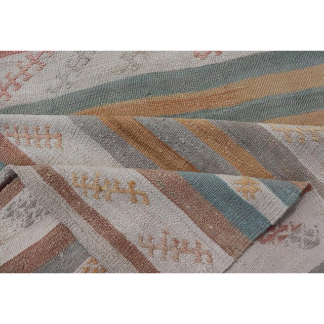 Mid 20th Century Vintage Turkish Kilim Runner With Stripes in Cream Lt Green Coral & Yellow For Sale - Image 10 of 11