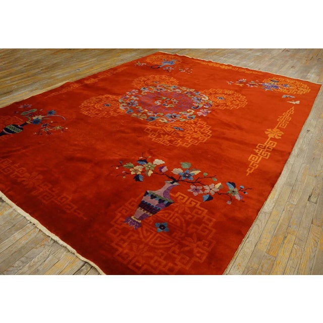 1920s 1920s Ruby Red Vase Medallion Antique Chinese Art Deco Carpet 9' X 12' Knotted Wool Rug For Sale - Image 5 of 11