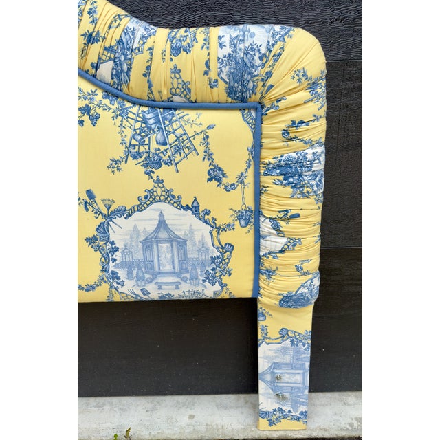 French Country Toile De Joie Upholstered French Cottage Bed Headboard Full/Queen For Sale - Image 3 of 6