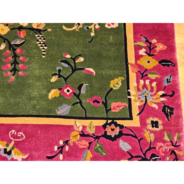 Vintage Chinese Art Deco Area Rug, Floral Design, Sage Green & Purple For Sale - Image 12 of 12