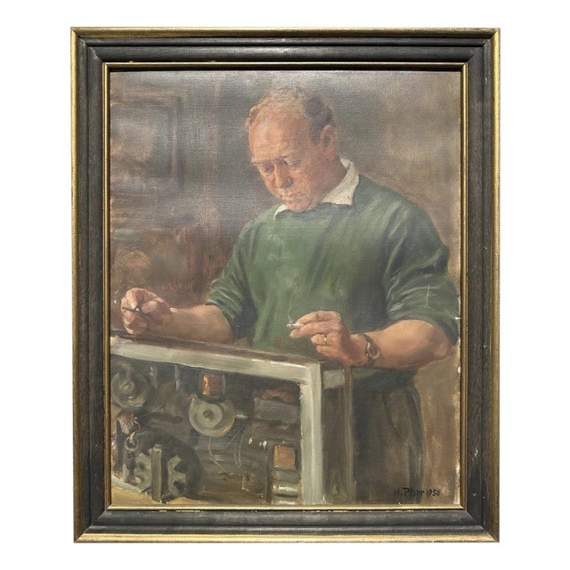 Heinrich Pforr, Master of Technology – Repairing a Machine, 1956, Oil Painting on Canvas For Sale
