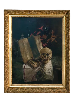 Antique Signed 19th Century Oil on Canvas "Vanitas", Gilt Wood Framed