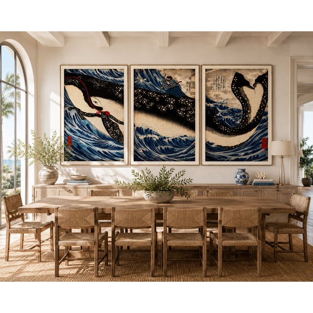 Paper Japanese Whale Triptych Reproduction, Coastal Nautical Art Print Set of 3, 32" X 48" For Sale - Image 7 of 9