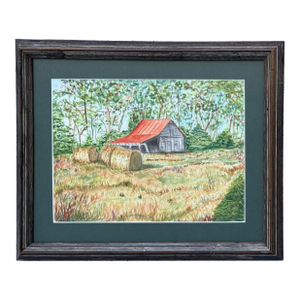 Original Watercolor Pastoral Painting of a Red Roof Barn and Hay Bales