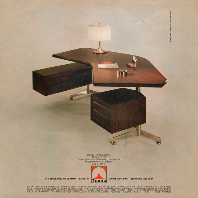 Overview an exceptional t96 boomerang executive desk, designed by osvaldo borsani for tecno, dating to the 1950s and...