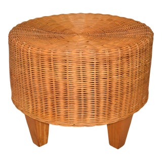 1970s Handwoven Wicker & Bamboo Round Footstool Ottoman or Side Table For Sale