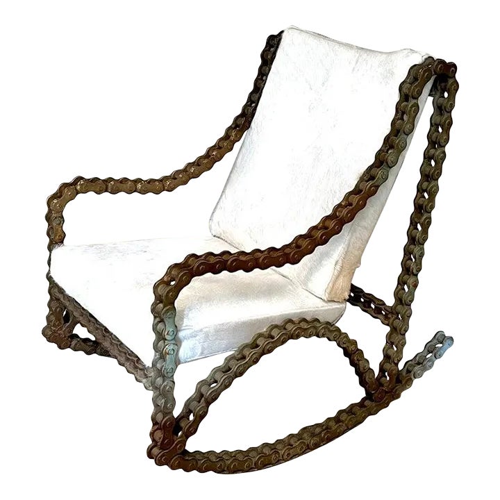 Industrial Chain Rocking Chair with Pony Skin Cushions | Chairish