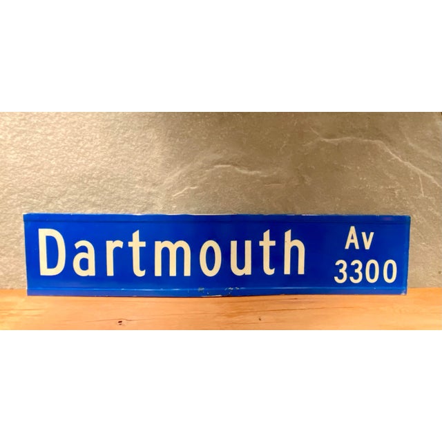 1980s classic two-sided street sign for Dartmouth Ave., Block 3300, city or town unknown, bright blue with off white...
