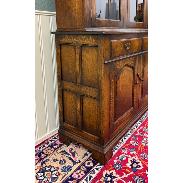 Antique English Large Bookcase Cupboard Cabinet Triple Door Glass Oak C. 1930s For Sale - Image 12 of 18