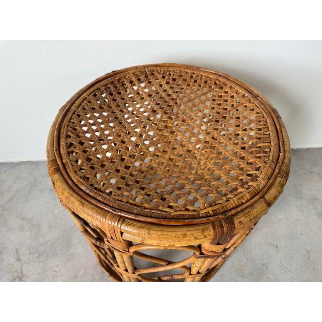 1970s Vintage Boho Chic Tortoise Shell Finish Bamboo Cane Top Drum Side Table/ Sold For Sale - Image 5 of 8