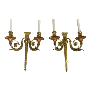 French Louis XVI Style Brass Rams Head Wall Sconces- a Pair