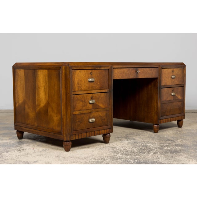 1930s French Art Deco Walnut Partner Desk With Leather Top For Sale - Image 12 of 18