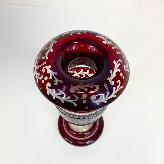Antique Czechoslovakia Bohemian Ruby-Clear Etched Crystal Vase. For Sale - Image 10 of 11