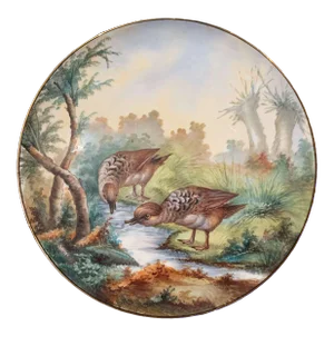 19th Century French Hand Painted Porcelain Bird Platter Signed J. Pouyat