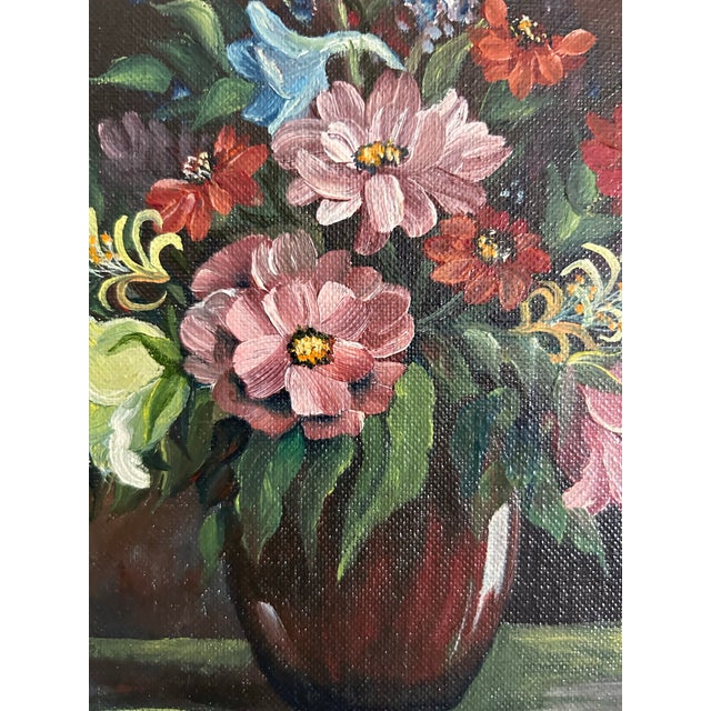 Textile Vintage Floral Still Life Oil Painting in Hand Painted Victorian Frame For Sale - Image 7 of 8