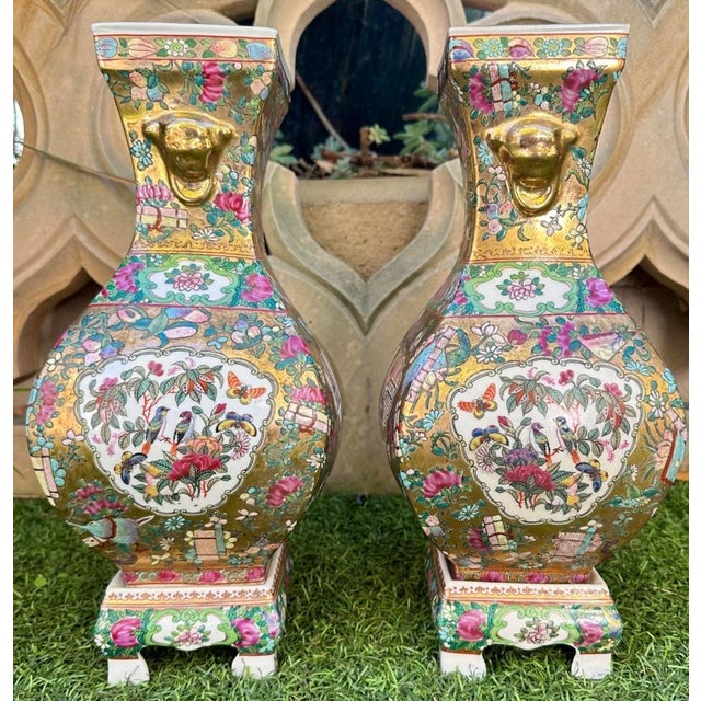 Pair of Antique Chinese Famille Rose Porcelain Vases & Stands For Sale - Image 16 of 18