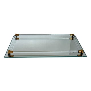 Vintage Hollywood Regency Rectangular Mirrored Vanity Tray With Glass Rails & Brass Corners For Sale