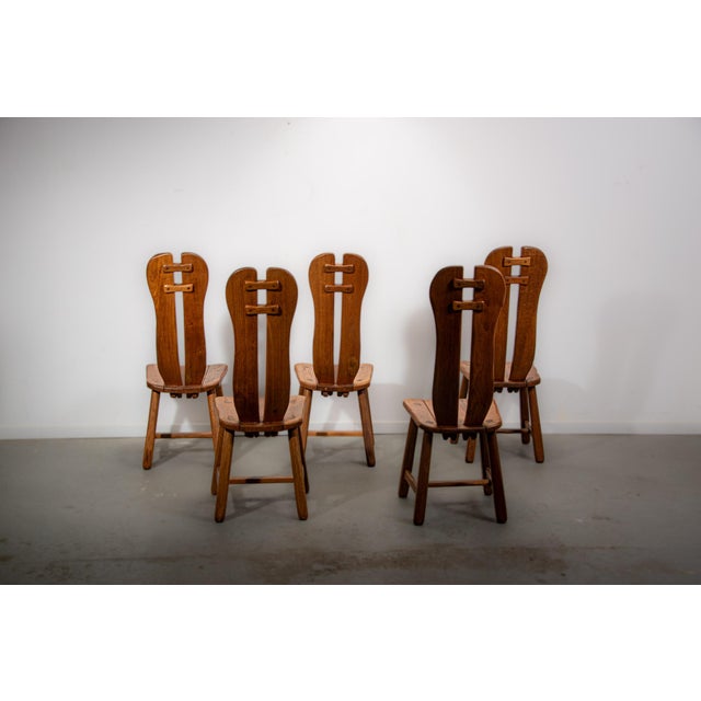 Wood Vintage Brutalist Dinning Chairs in Oak from De Puydt, 1970, Set of 5 For Sale - Image 7 of 12