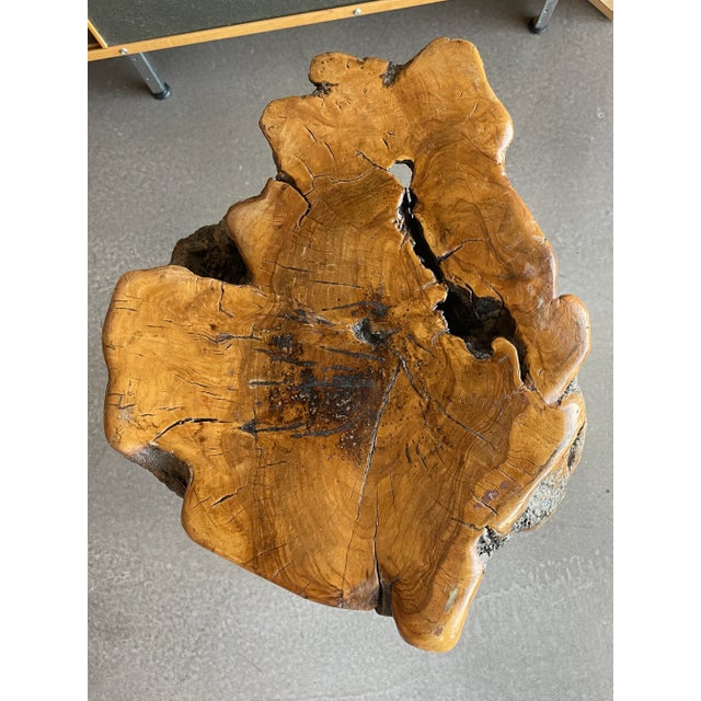 Wood 1960s Mid Century Cypress Root Side Table Live Edge Burl Tripod Stool George Nakashima Style Sculptural Organic Studio Craft For Sale - Image 7 of 11