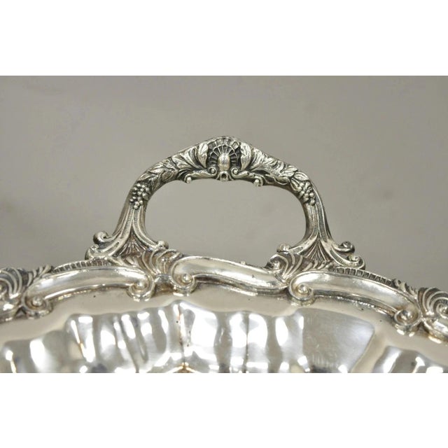 Mid 20th Century Victorian Ornate Silver Plated Twin Handle Scalloped Bar Serving Platter Tray For Sale - Image 4 of 9