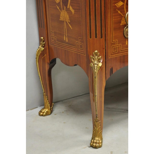 Vintage French Louis XV Style Marquetry Inlay Marble Top Commode Dresser Chest For Sale - Image 9 of 18