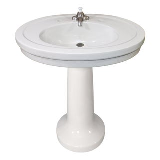 Antique 1918 Trenton Potteries Company Impervio Large Vitreous China Pedestal Sink With Rare Faucet For Sale