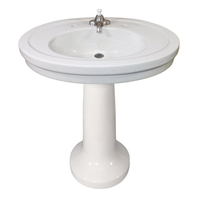 Antique 1918 Trenton Potteries Company Impervio Large Vitreous China Pedestal Sink With Rare Faucet For Sale